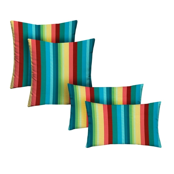 RSH Décor Indoor Outdoor Set of 4 Pillows, 2 - Square 17” x 17” and 2 – Lumbar 20" x 12", Braymont Multi Color Stripe