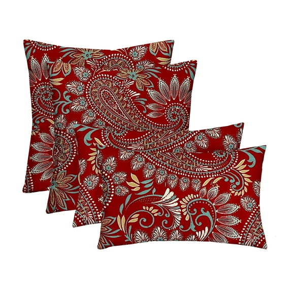 RSH Décor Indoor Outdoor Set of 4 Pillows, 2 - Square 17” x 17” and 2 – Lumbar 20" x 12", Eastman Berry Red Paisley
