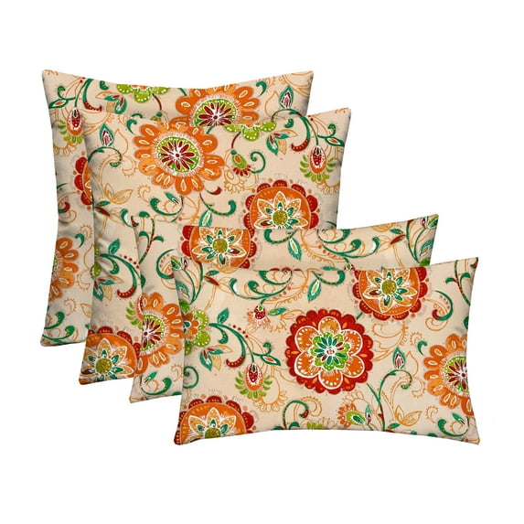 RSH Décor Indoor Outdoor Set of 4 Pillows, 2 - Square 17” x 17” and 2 – Lumbar 20" x 12", Fanfare Sonoma Cream Floral
