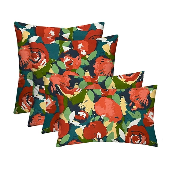 RSH Décor Indoor Outdoor Set of 4 Pillows, 2 - Square 17” x 17” and 2 – Lumbar 20" x 12", Novino Multi Red Floral