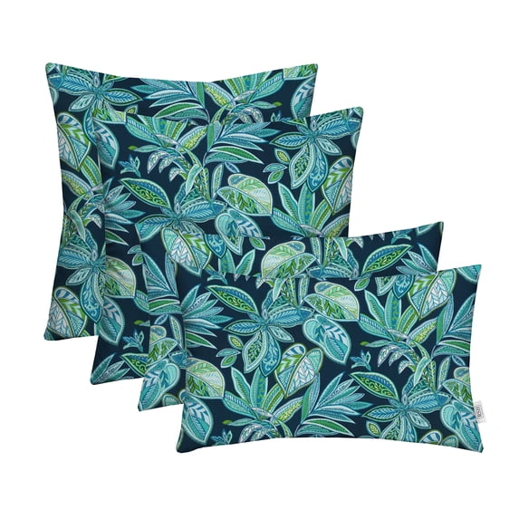 RSH Décor Indoor Outdoor Set of 4 Pillows Square and Lumbar Pillows, 17+ 20 x 12, Crestwood Marine Blue Leaves