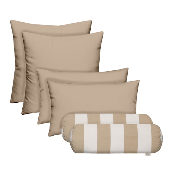 RSH DECOR: 6-Pack Pillow Set | All-Weather Spun Fabric | Square, Lumbar, & Neck Roll Pillows | Tan + Striped