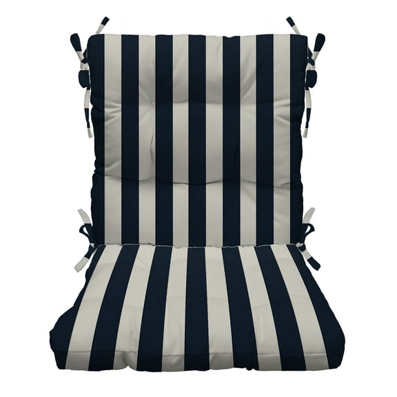 RSH Décor Indoor Outdoor Tufted High Back Chair Cushion, Navy Blue White Stripe