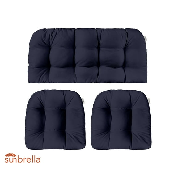 RSH DECOR: 3-Piece Wicker Tufted Cushion Set | Standard | Sunbrella Performance Fabric | Canvas Navy Blue