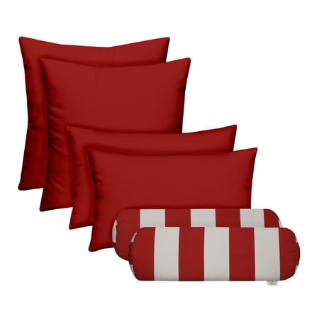 RSH DECOR: 6-Pack Pillow Set | All-Weather Spun Fabric | Square, Lumbar, & Neck Roll Pillows | Red + Striped