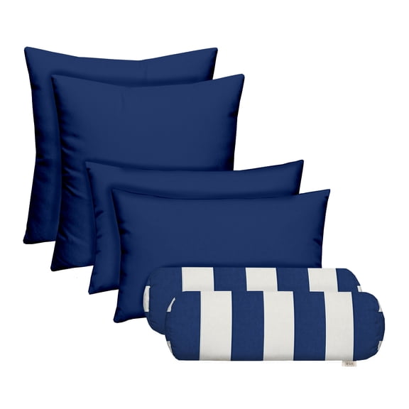 RSH DECOR: 6-Pack Pillow Set | All-Weather Spun Fabric | Square, Lumbar, & Neck Roll Pillows | Veranda Blue + Striped