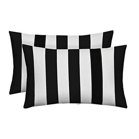 RSH Decor: 2 Lumbar Support Pillows | 26" x 16" | All-Weather Spun Fabric | Black & White Stripe