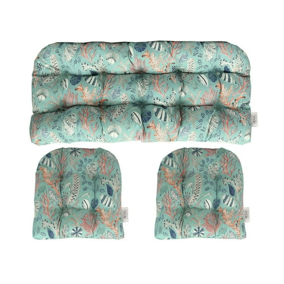 RSH Decor: 3-Piece Wicker Tufted Cushion Set | Standard | All-Weather Spun Fabric | Blue Ocean Life