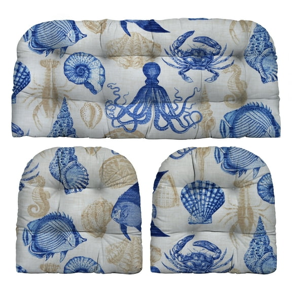 RSH Decor: 3-Piece Wicker Tufted Cushion Set | Standard | All-Weather Spun Fabric | Blue Tan Crab