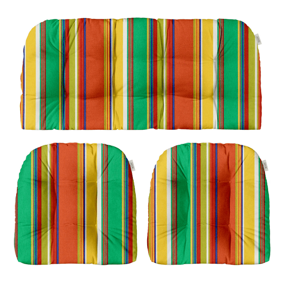 RSH Decor: 3-Piece Wicker Tufted Cushion Set | Standard | All-Weather Spun Fabric | Bright Colorful Stripe