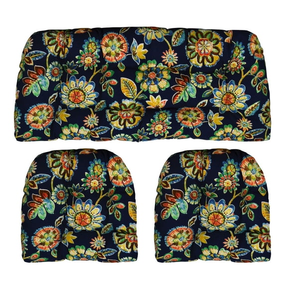 RSH Decor: 3-Piece Wicker Tufted Cushion Set | Standard | All-Weather Spun Fabric | Daelyn Navy