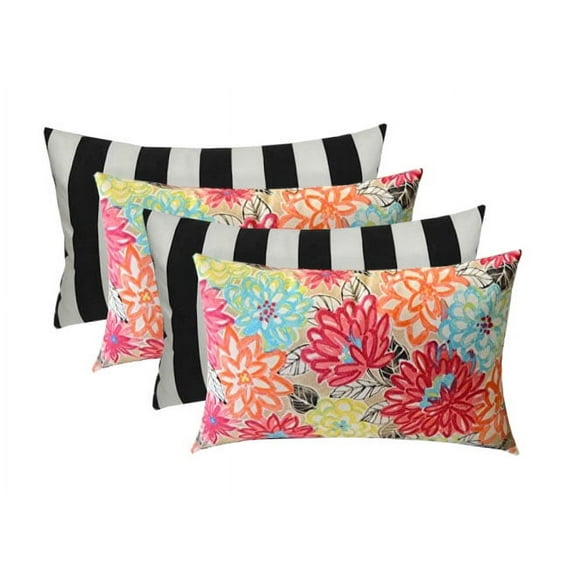 RSH Decor: 4 Lumbar Support Pillows | 20" x 12" | All-Weather Spun Fabric | Black & White Stripe + Artistic Floral