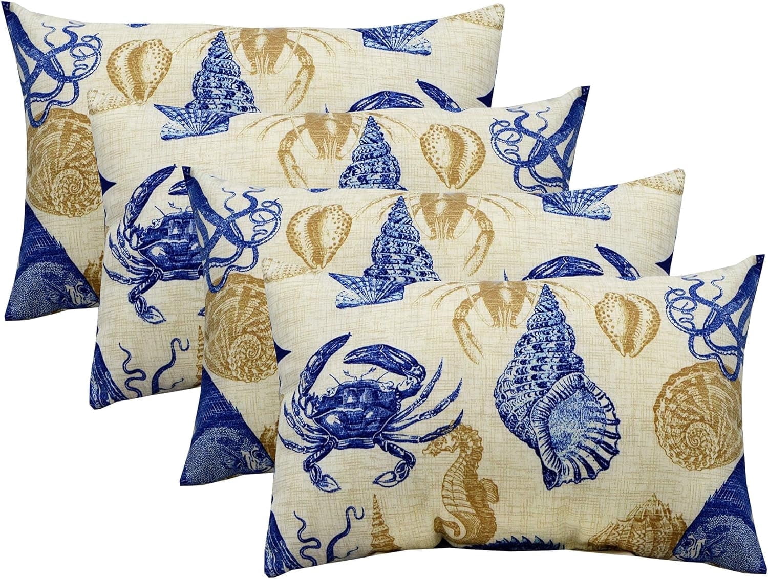 RSH Decor: 4 Lumbar Support Pillows | All-Weather Spun Fabric | Blue Tan Crab