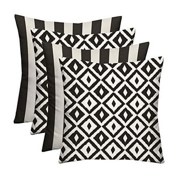 RSH Decor: 4 Square Throw Pillows | 17" x 17" | All-Weather Fabric | Black & White Stripe + Aztec