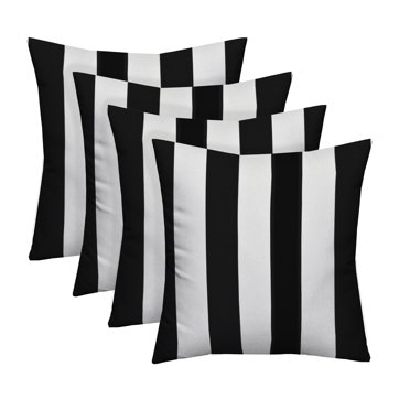 RSH Decor: 4 Square Throw Pillows | 17" x 17" | All-Weather Spun Fabric | Black & White Stripe