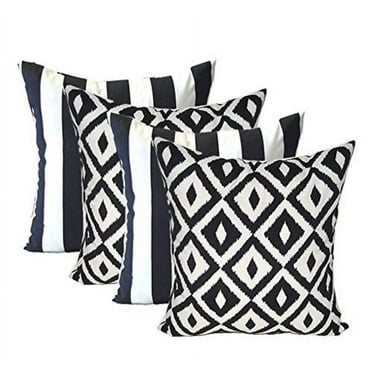 RSH Decor: 4 Square Throw Pillows | 20" x 20" | All-Weather Spun Fabric | Black & White Stripe + Aztec