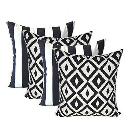 RSH Decor: 4 Square Throw Pillows | 20" x 20" | All-Weather Spun Fabric | Black & White Stripe + Aztec
