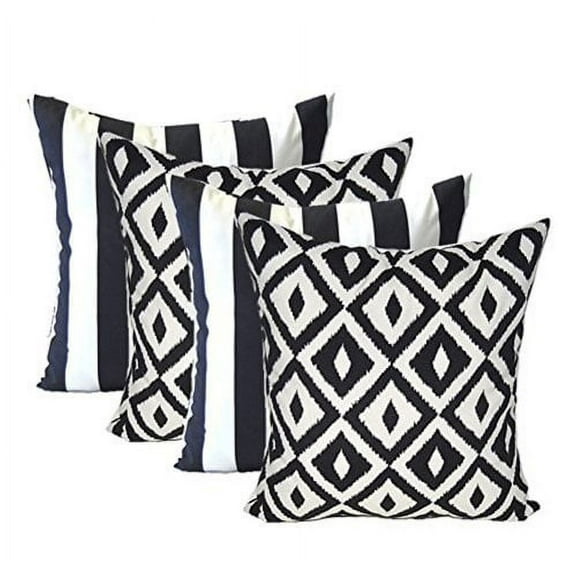 RSH Decor: 4 Square Throw Pillows | 20" x 20" | All-Weather Spun Fabric | Black & White Stripe + Aztec