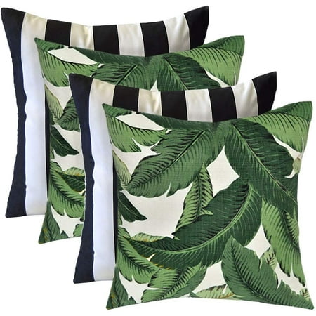 RSH Decor: 4 Square Throw Pillows | 20" x 20" | All-Weather Spun Fabric | Black & White Stripe + Swaying Palms Aloe