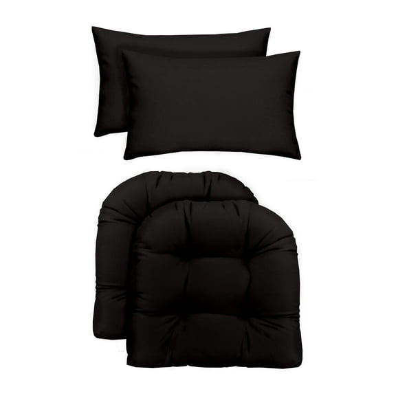RSH Decor Indoor/Outdoor - 2 U-Shape Chair Cushions & Bonus Lumbar / Throw Pillows (2 (19" x 19") Cushions & 2 (20" x 12") Pillows, Solid Black Fabric)