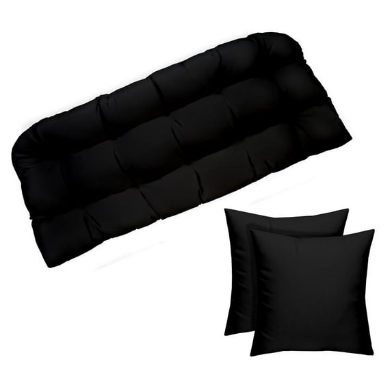 RSH Decor Indoor/Outdoor Wicker Loveseat & Bonus Square / Throw Pillows (1 - (41" x 19") Cushion & 2 (17") Pillows, Solid Black Fabric)