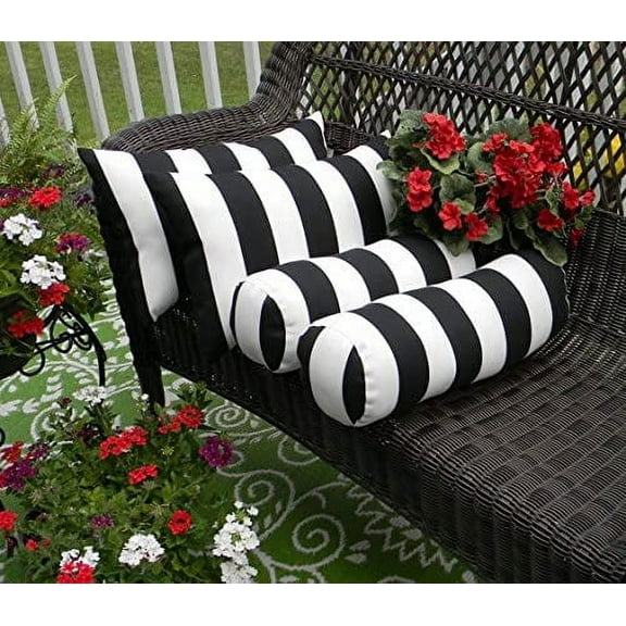 RSH Decor: Set of 4 Support Pillows | Lumbar & Neck Roll | All-Weather Spun Fabric | Black & White Stripe