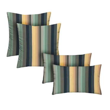 RSH Decor: Set of 4 Throw Pillows | 20" x 12" Lumbar & 17" Square | All-Weather Spun Fabric | Braymont Grey Blue Stripe