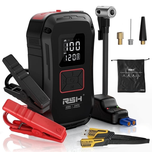 RSH JS900 Car Jump Starter 4000A Peak 600A, 12000mAh Portable Battery Booster with Tire Inflator, QC18W Power Bank, LED Flashlight, Black