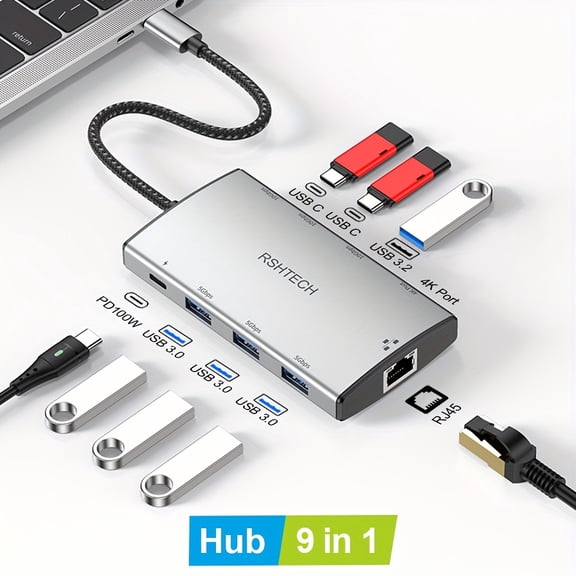 RSHTECH 9-In-1 USB C Hub with HDTV, LAN, Power Delivery, USB 3.0, USB C and USB 3.2 Ports, Designed for Laptops