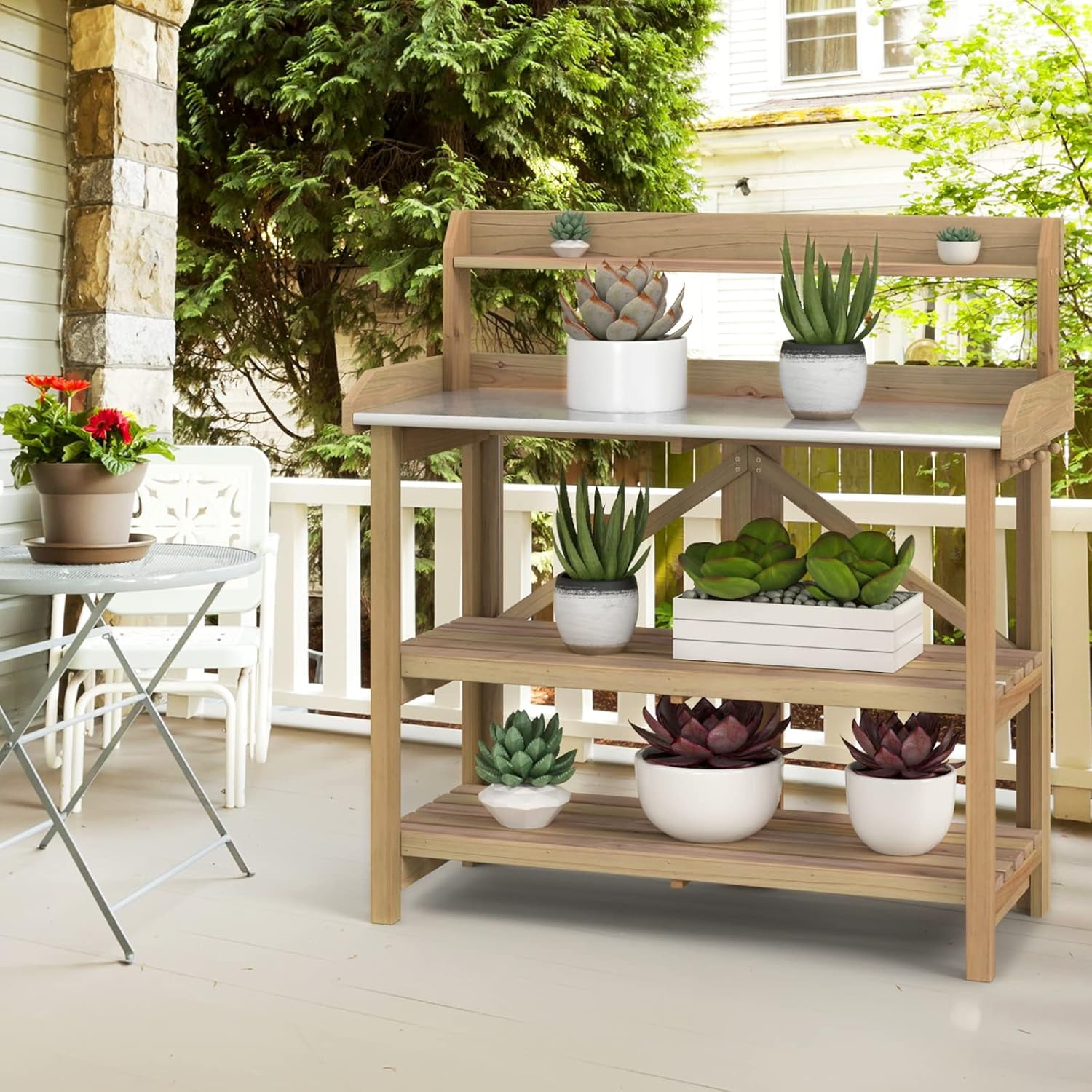 Outdoor Storage Potting Benches And Tables, Garden Woodwork Potting Bench Station With 4 Display Rack Forest Green N717p221495fyf