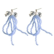 RSKK Earrings Bow Knot Long Blue Beaded Ear Clip No Ear Piercing Sweet Temperament Tassel Sea Jewelry Earrings Gifts