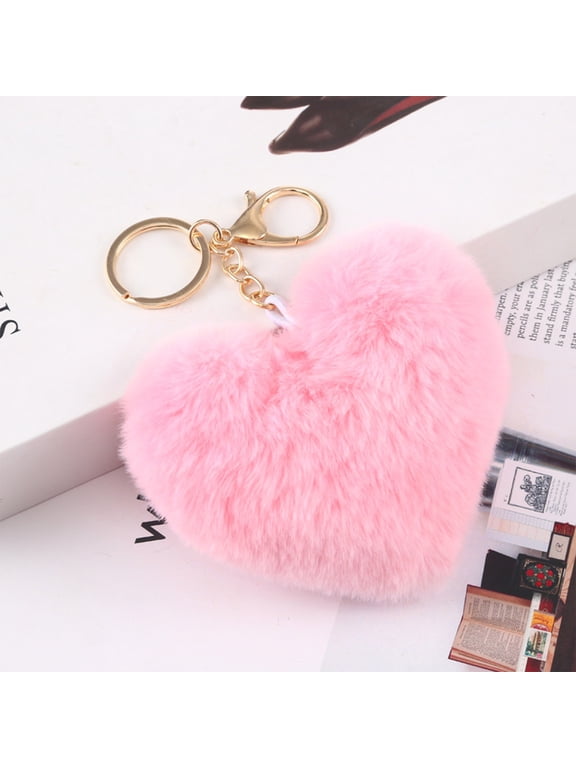 RSKTN Plush Keychain Heart Faux Fur Pom Pom Key Chains Bag Accessory Puffball Keyring Backpack Charms for Girls