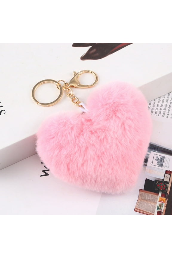 RSKTN Plush Keychain Heart Faux Fur Pom Pom Key Chains Bag Accessory Puffball Keyring Backpack Charms for Girls