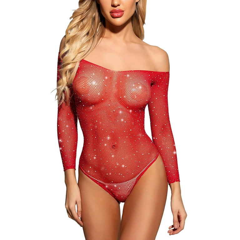 Sexy Set Rhinestone Erotic Hot Bodysuits For Women Fishnety Body