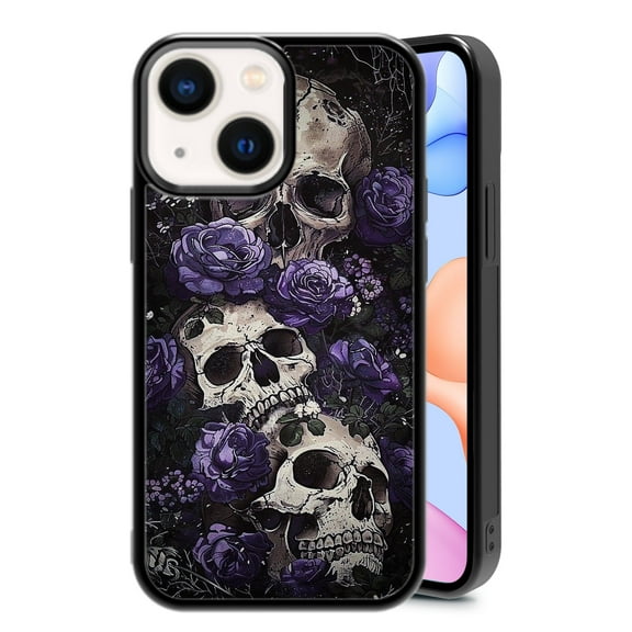 RSMTCI for iPhone 14/13 Case 6.1 IN,Purple Rose Gothic Skull Phone Case,Black