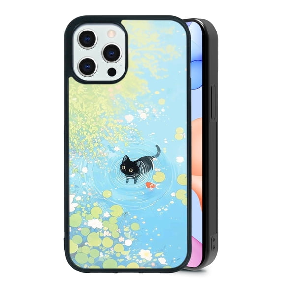 RSMTCI for iPhone 16 Pro Max Case 6.9 IN,Black Cat Cute Pond Phone Case,Black