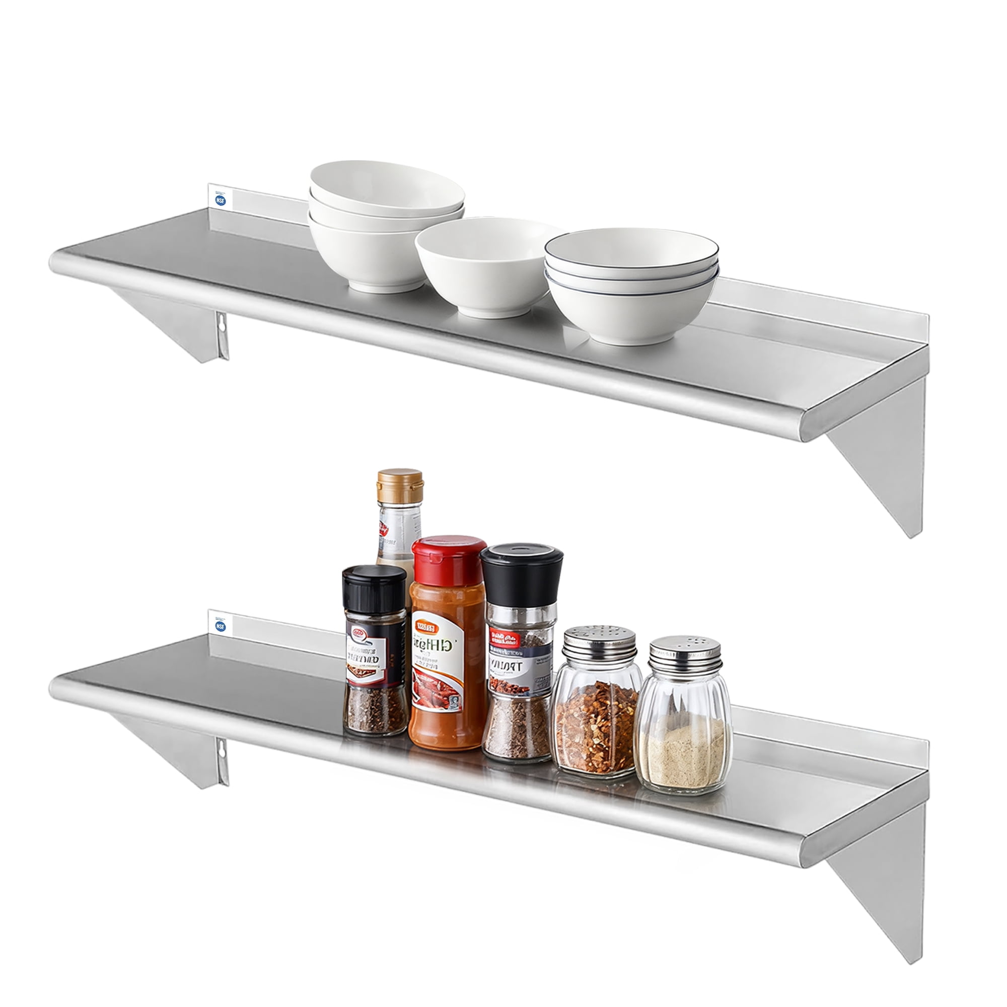 RSN Trend Stainless Steel Shelf 10 x 16 Inches 190lb, 2 Pack NSF Metal Commercial Shelves Wall Mount Floating Shelving with Backsplash for Restaurant, Kitchen, Home and Hotel, Silver
