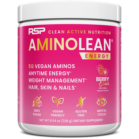 RSP Nutrition AminoLean Pre Workout Powder with BCAAs, Amino Energy for Lean Muscle, Berry Elixir, 30 Servings