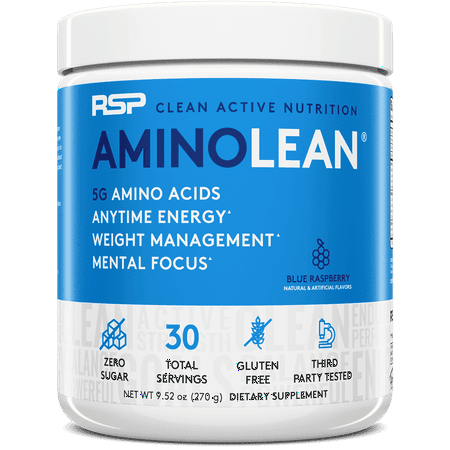 RSP Nutrition AminoLean Pre Workout Powder with BCAAs, Amino Energy for Lean Muscle, Blue Raspberry Flavor, 30 Servings