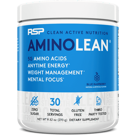 RSP Nutrition AminoLean Pre Workout Powder with BCAAs, Amino Energy for Lean Muscle, Blue Raspberry Flavor, 30 Servings