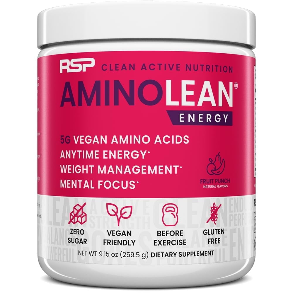 RSP Nutrition AminoLean Pre Workout Powder with BCAAs, Amino Energy for Lean Muscle, Fruit Punch Flavor, 30 Servings