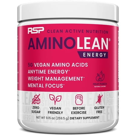 RSP Nutrition AminoLean Pre Workout Powder with BCAAs, Amino Energy for Lean Muscle, Fruit Punch Flavor, 30 Servings
