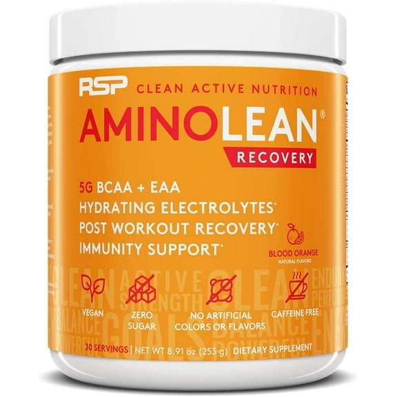 RSP Nutrition AminoLean Recovery Post Workout BCAAs and EAAs Amino Acids Supplement for Lean Muscle, Blood Orange Flavor, 30 Servings