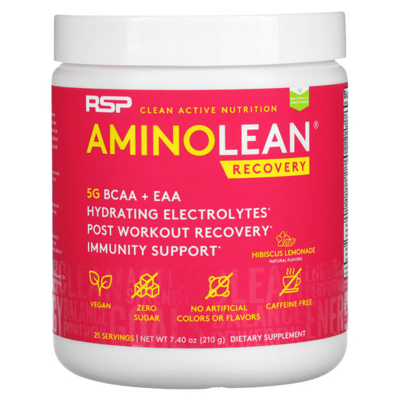 RSP Nutrition AminoLean Recovery Post Workout BCAAs and EAAs Amino Acids Supplement for Lean Muscle, Hibiscus Lemonade Flavor, 25 Servings