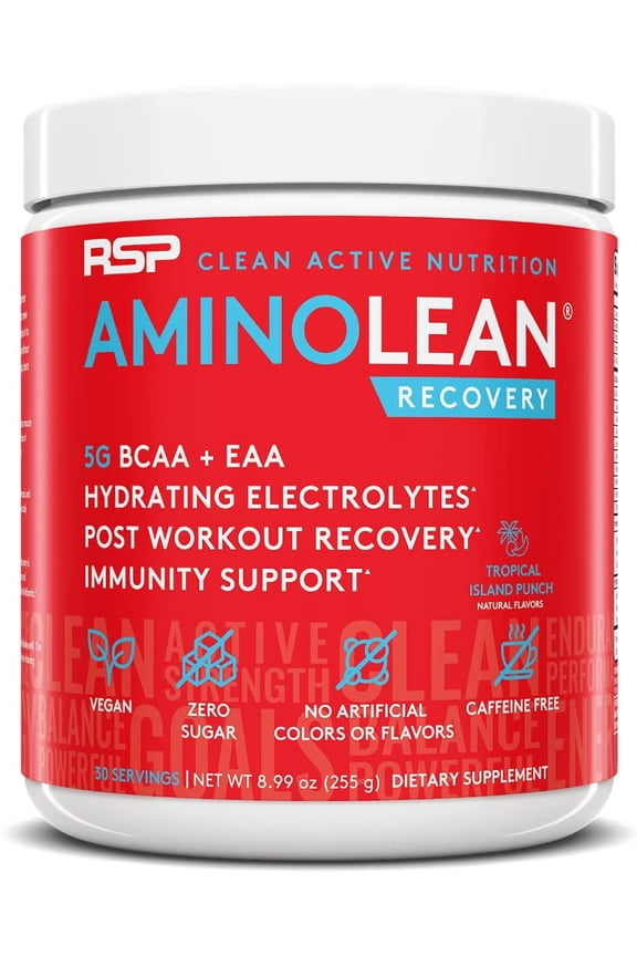 AminoLean Recovery Post Workout BCAAs and EAAs Amino Acids Supplement for Lean Muscle, Tropical Punch Flavor, 30 Servings