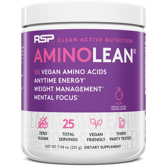 RSP Nutrition Vegan AminoLean Pre Workout Powder with BCAAs, Natural Amino Energy for Lean Muscle, Acai Flavor, 25 Servings