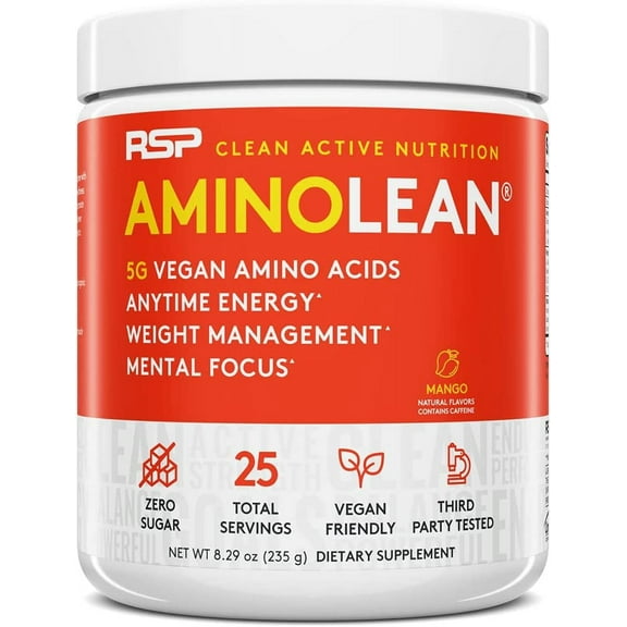RSP Nutrition Vegan AminoLean Pre Workout Powder with BCAAs, Natural Amino Energy for Lean Muscle, Mango Flavor, 25 Servings