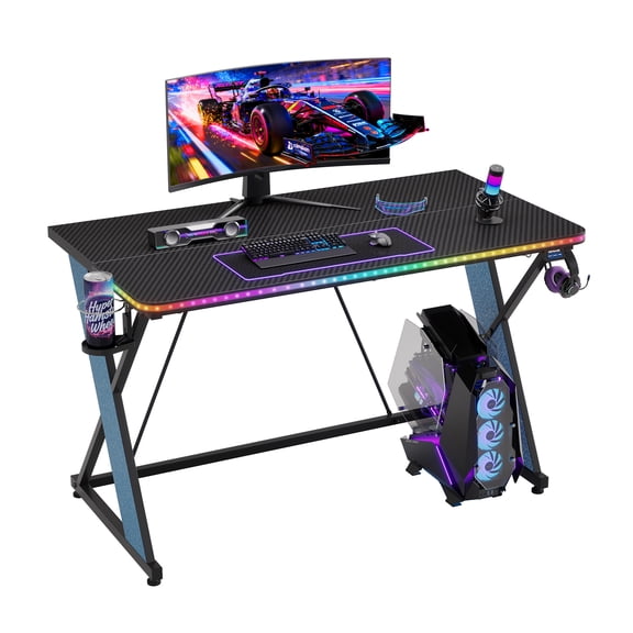 RSPGAME 43" Music Sync Gaming Desk with LED Lights, Gamer Table with Cup Holder & Headphone Hook, X-Shape Home Office PC Computer Desk, Blue
