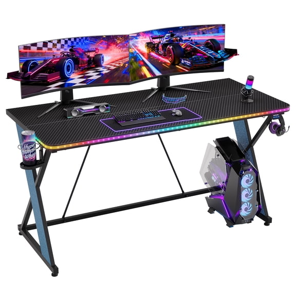 RSPGAME 55" Music Sync Gaming Desk with LED Lights, Gamer Table with Cup Holder & Headphone Hook, X-Shape Home Office PC Computer Desk, Blue