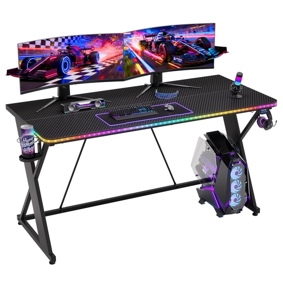 RSPGAME 55" Music Sync Gaming Desk with LED Lights, Gamer Table with Cup Holder & Headphone Hook, X-Shape Home Office PC Computer Desk, Carbon Fiber Black